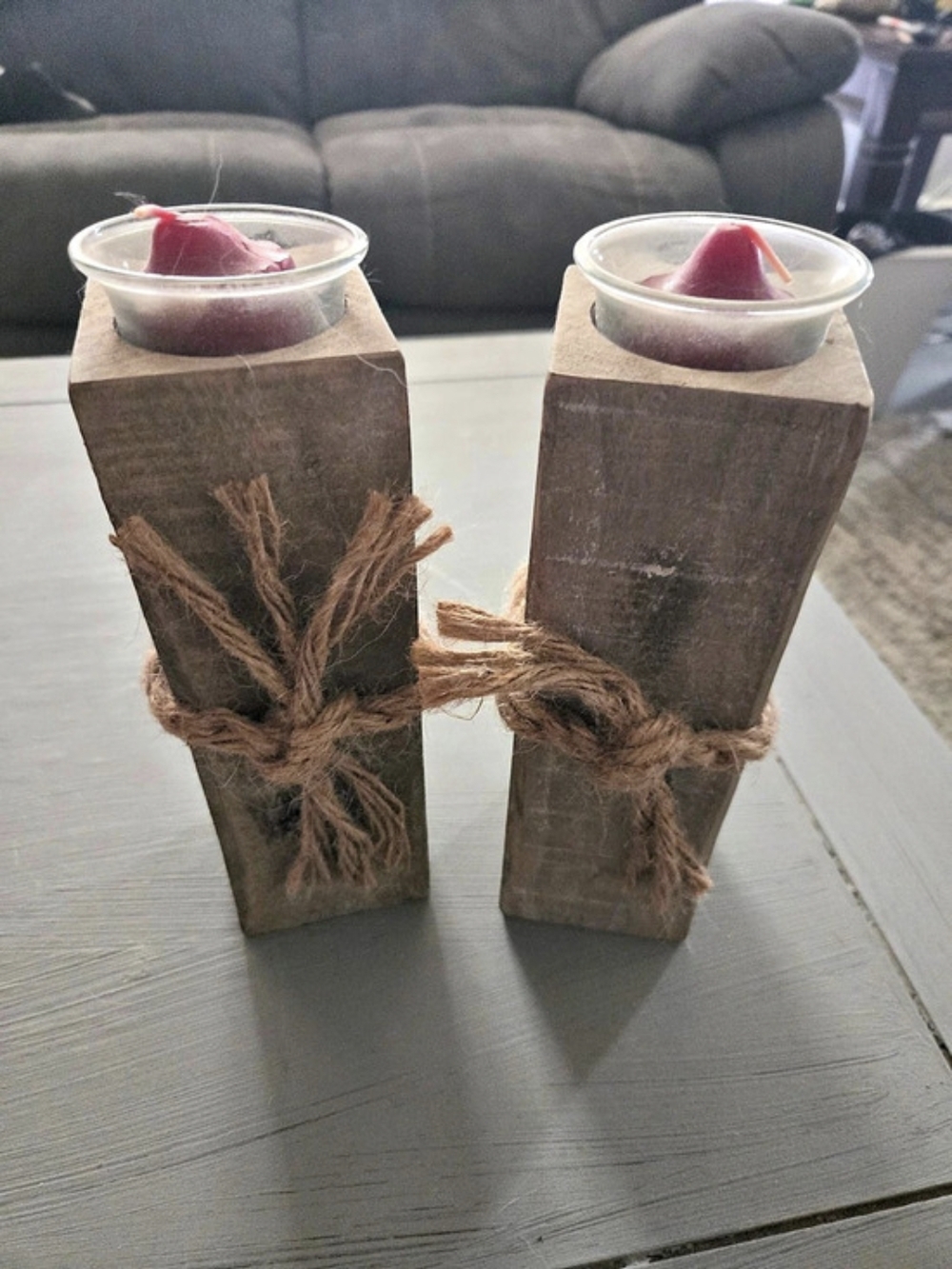 Rustic Wooden Candle Holders Pair Brown & Clear